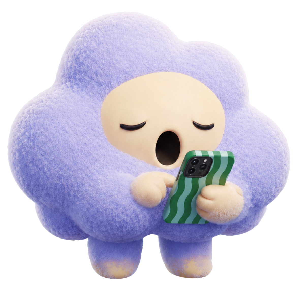 Cloody scrolling on a phone, with a green blanket